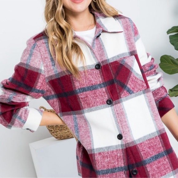 Burgundy Black Gray Cream Plaid Button-Up Shacket - Picture 5 of 9